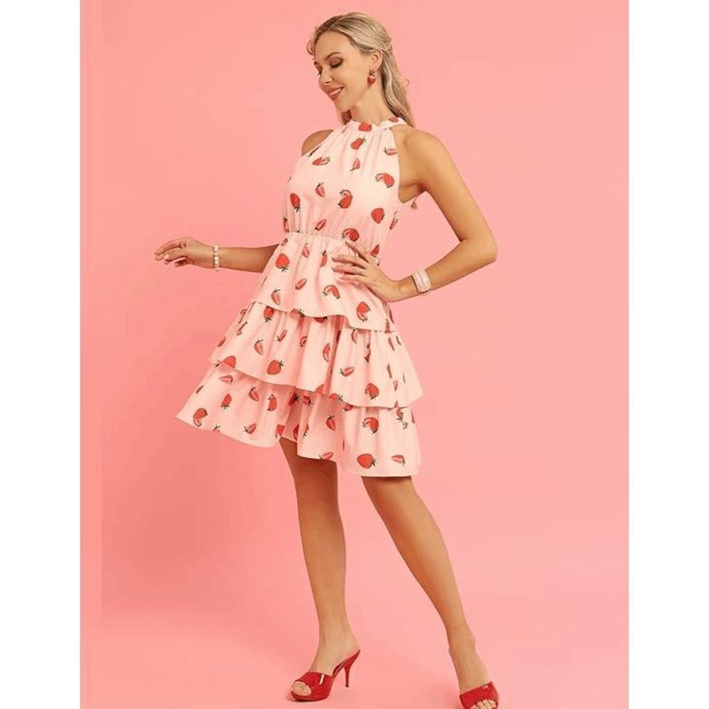 🍓 Strawberry Girly Cute Halter Neck Tiered Layered Ruffle Pink Mini Dress NWT - Picture 4 of 16